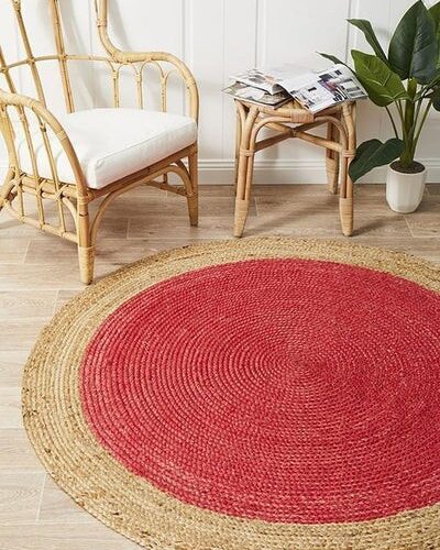 Sonia Collections Handmade Eco-Friendly Round Jute Rug with Red Accent