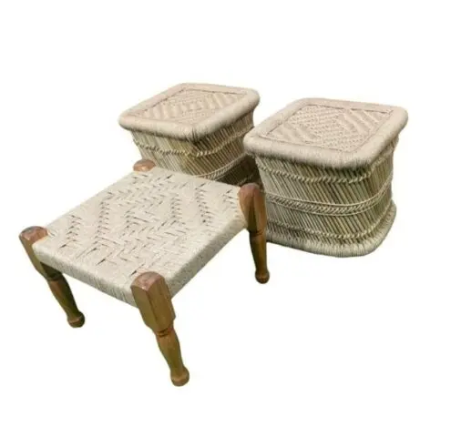 Woven Wooden Stool Set of 3 - Stylish & Versatile Seating Solutions