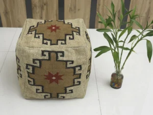 Handwoven Wool & Jute Kilim Pouf Cover - Stylish Accent Piece