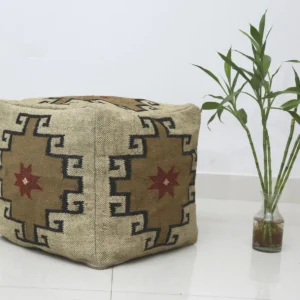 Handwoven Wool & Jute Kilim Pouf Cover - Stylish Accent Piece