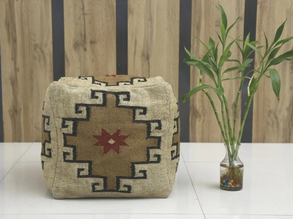 Handwoven Wool & Jute Kilim Pouf Cover - Stylish Accent Piece