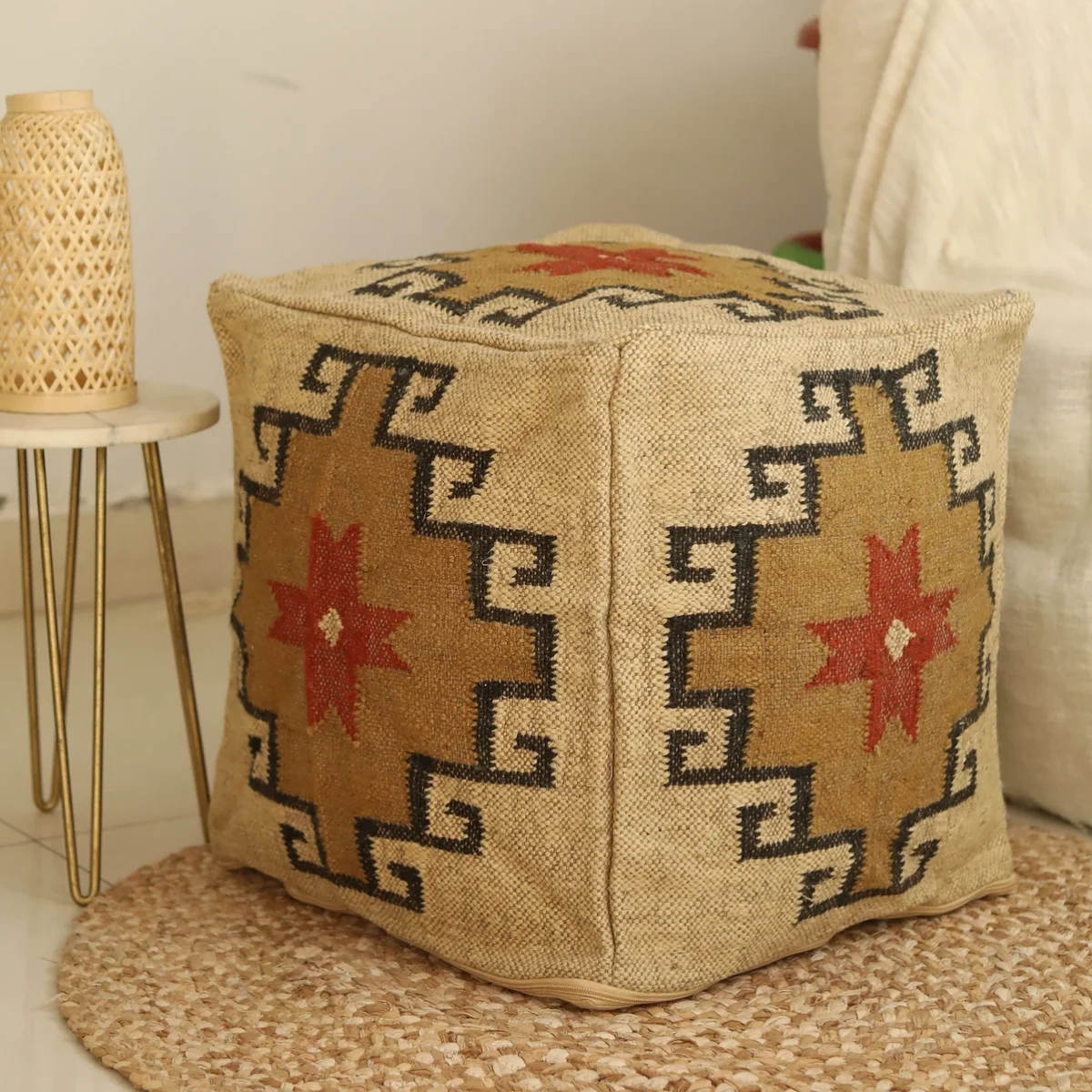 Handwoven Wool & Jute Kilim Pouf Cover - Stylish Accent Piece
