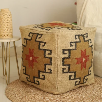 Handwoven Kilim Pouf Cover in Wool and Jute - Stylish Accent Piece