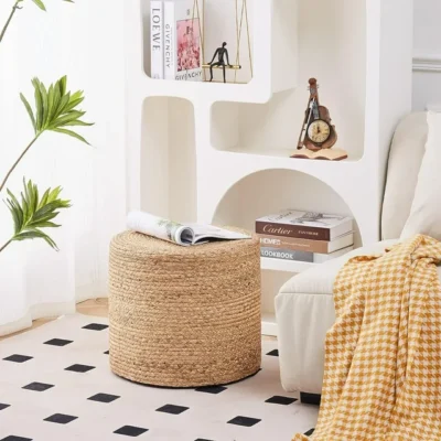 Store 14 Handmade braided jute pouffe cover for ottoman – rustic eco-friendly foot stool slipcover for USA home