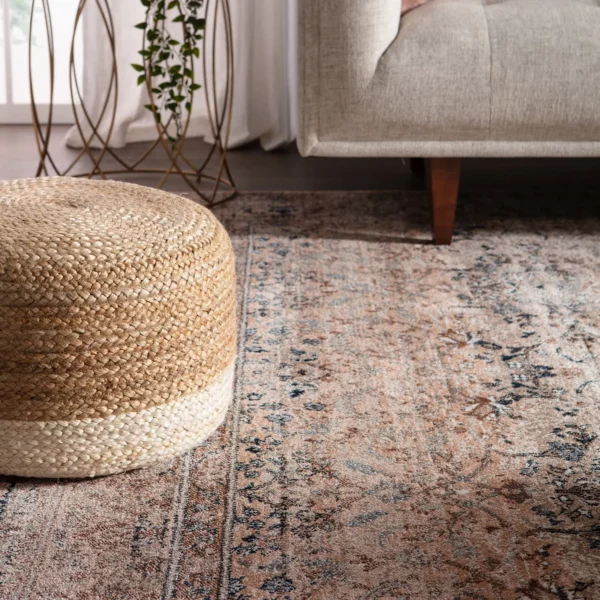 Wide Round Pouf Ottoman Beige and White 1