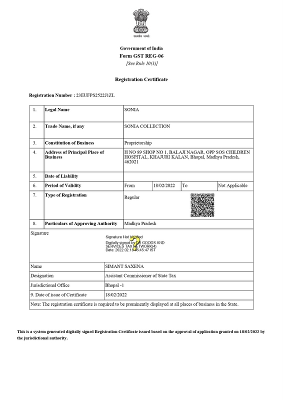 SONIA COLLECTION GST REGISTRATION AA230122046172Z RC18022022 2 page 0001