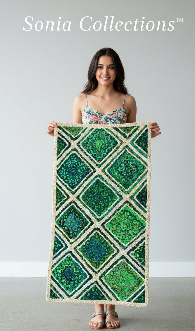 Green Diamond Jute Mat – Handwoven Artisan Texture | Sonia Collections™