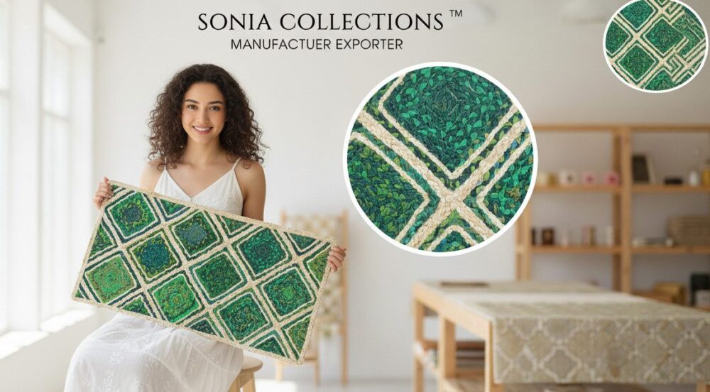 Green Diamond Jute Mat – Handwoven Artisan Texture | Sonia Collections™