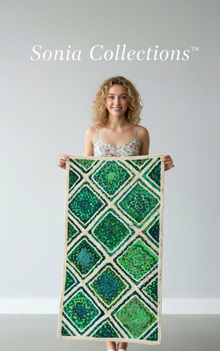 Green Diamond Jute Mat – Handwoven Artisan Texture | Sonia Collections™