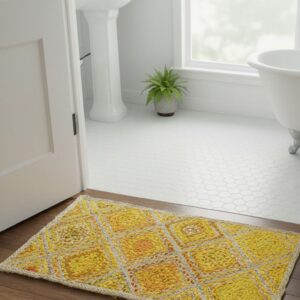 Yellow White Diamond Jute Rug – Handmade | Sonia Collections™