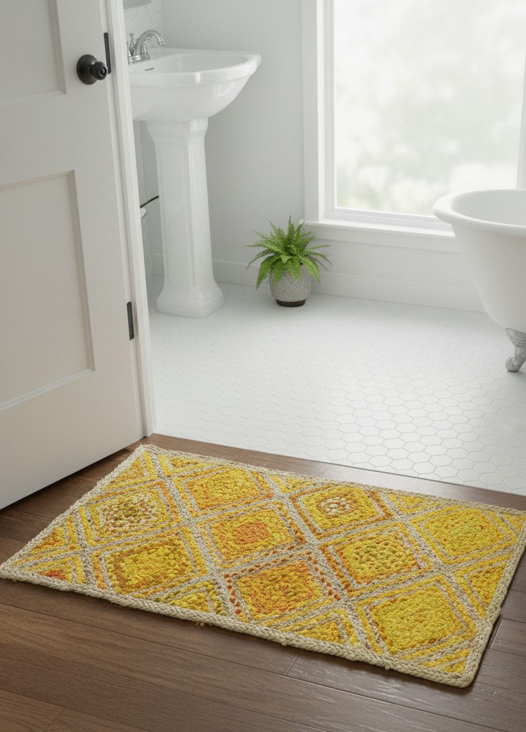 Yellow White Diamond Jute Rug – Handmade | Sonia Collections™