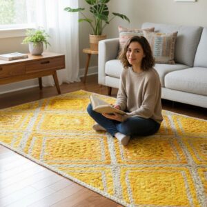 Yellow White Diamond Jute Rug – Handmade | Sonia Collections™