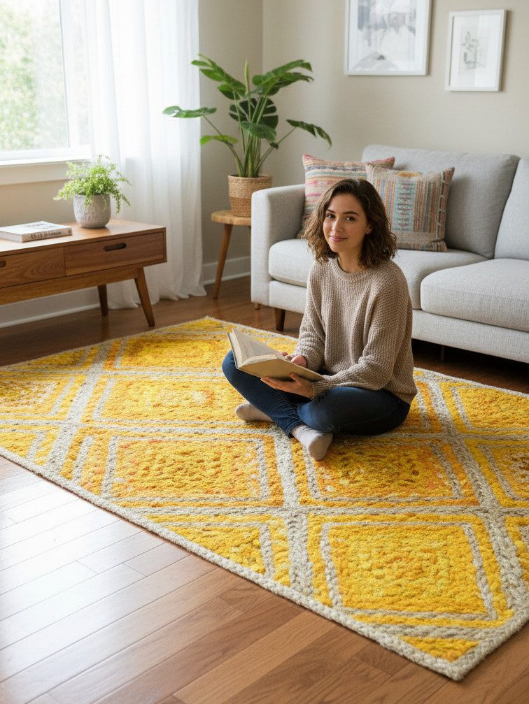 Yellow White Diamond Jute Rug – Handmade | Sonia Collections™