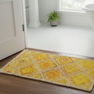 Yellow White Diamond Jute Rug – Handmade | Sonia Collections™