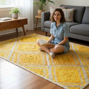 Yellow White Diamond Jute Rug – Handmade | Sonia Collections™