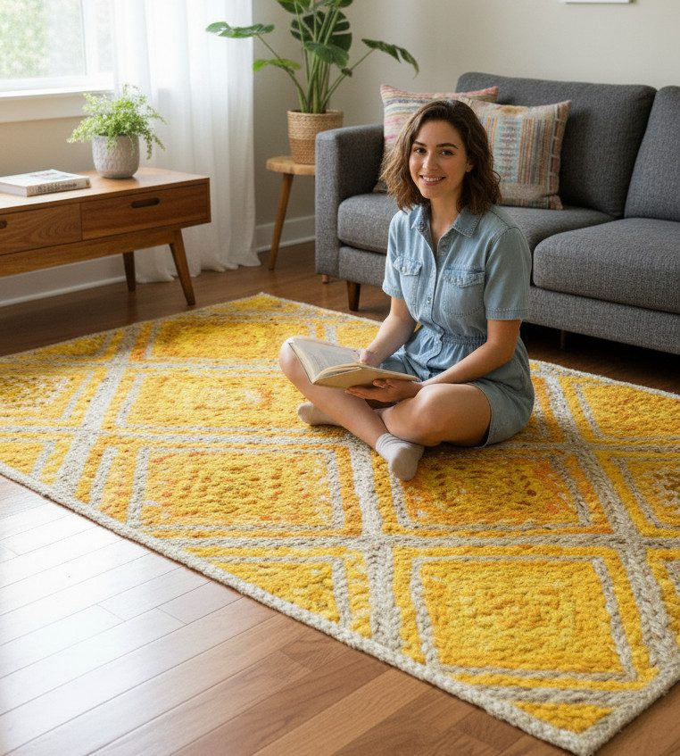 Yellow White Diamond Jute Rug – Handmade | Sonia Collections™