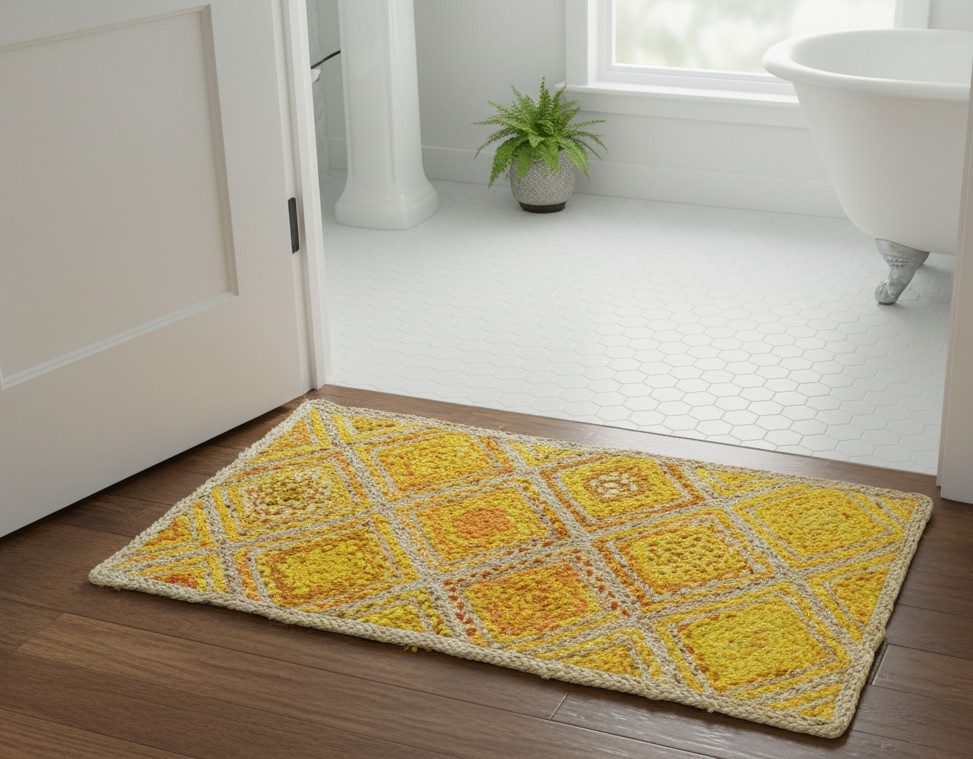 Yellow White Diamond Jute Rug – Handmade | Sonia Collections™