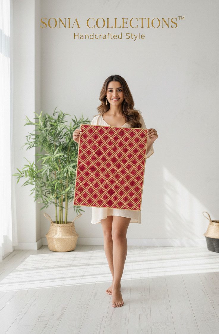 Red Diamond Jute Rug – Handwoven Geometric Mat | Sonia Collections™