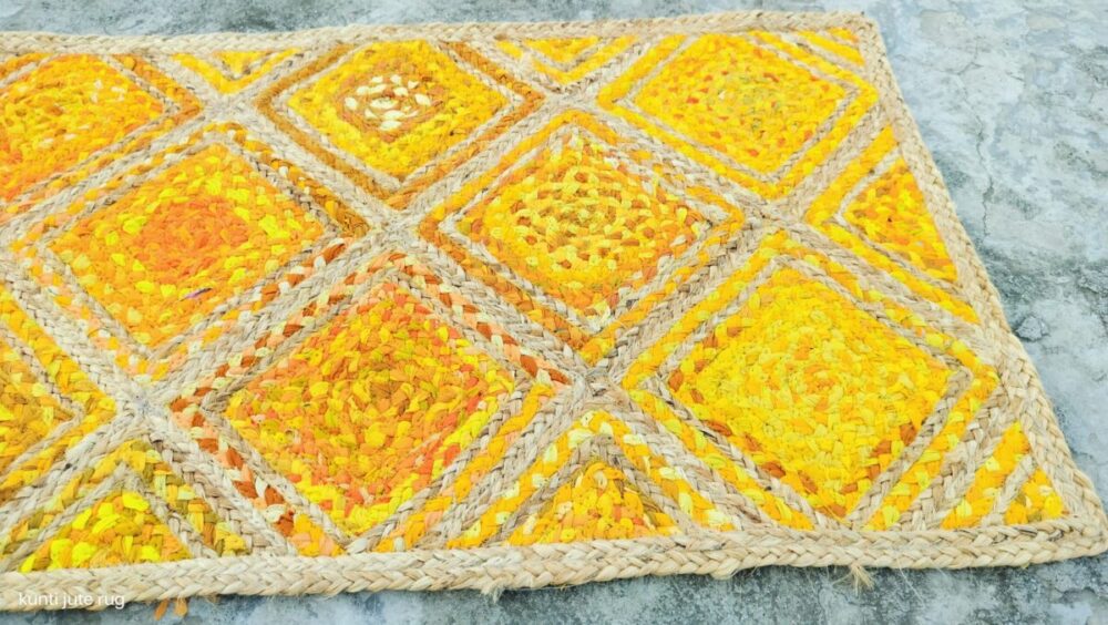 Yellow White Diamond Jute Rug – Handmade | Sonia Collections™