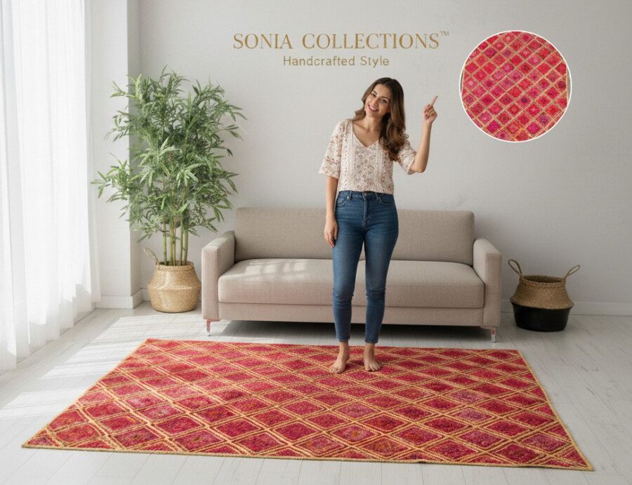 Red Diamond Jute Rug – Handwoven Geometric Mat | Sonia Collections™