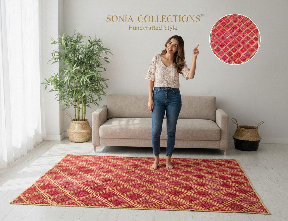 Red Diamond Jute Rug – Handwoven Geometric Mat | Sonia Collections™