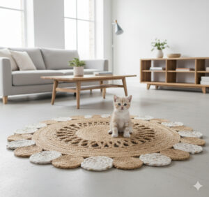 sonia Round Natural Jute Rug – Floral Scalloped Charm for Cozy Interiors