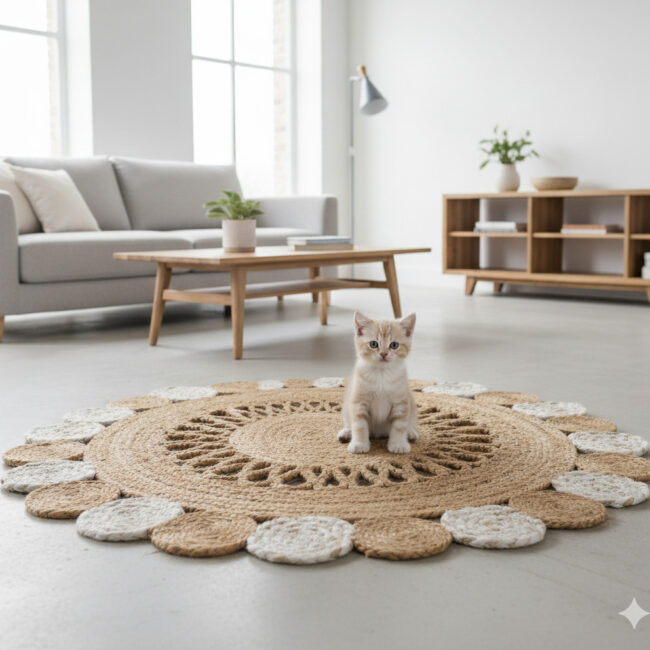 sonia Round Natural Jute Rug – Floral Scalloped Charm for Cozy Interiors