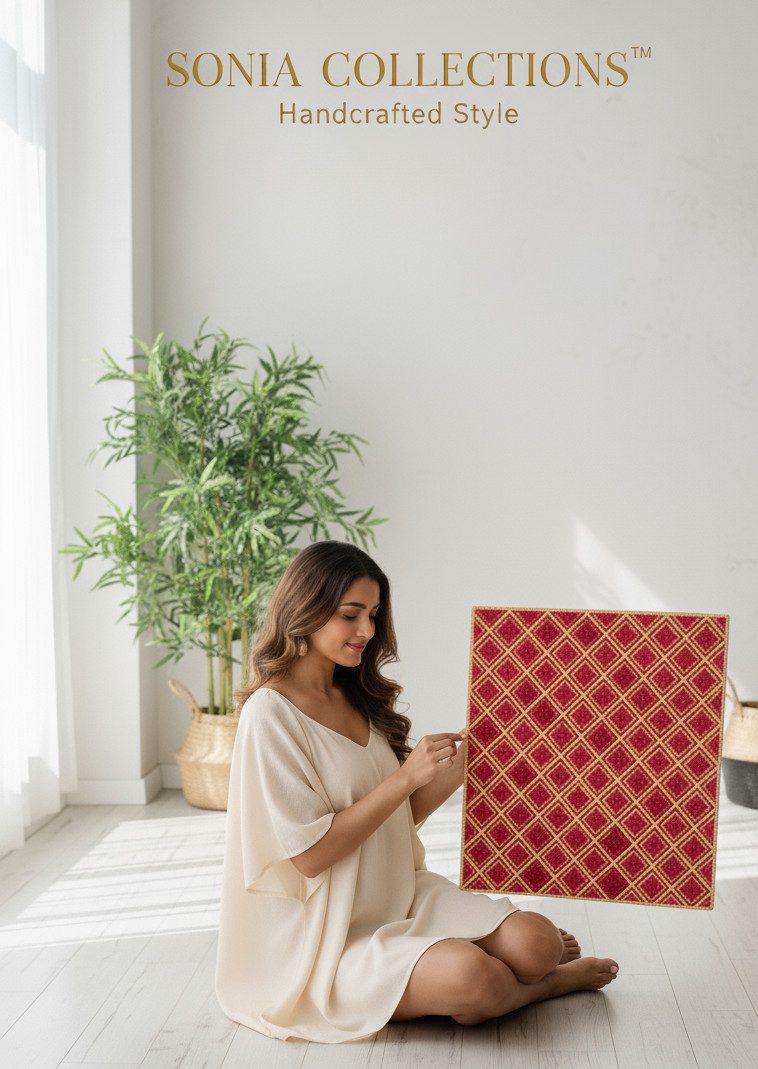 Red Diamond Jute Rug – Handwoven Geometric Mat | Sonia Collections™