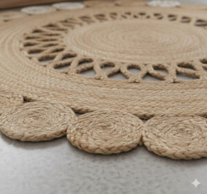 sonia collections Round Natural Jute Rug – Floral Scalloped Charm for Cozy Interiors