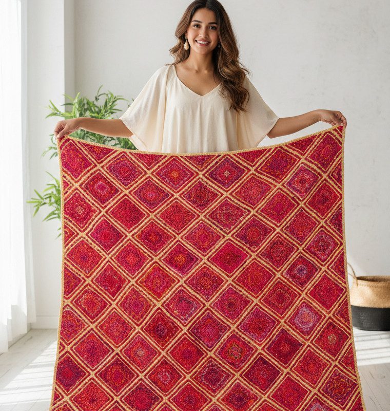 sonia collections 6 Red Diamond Jute Rug – Handwoven Geometric Mat | Sonia Collections™