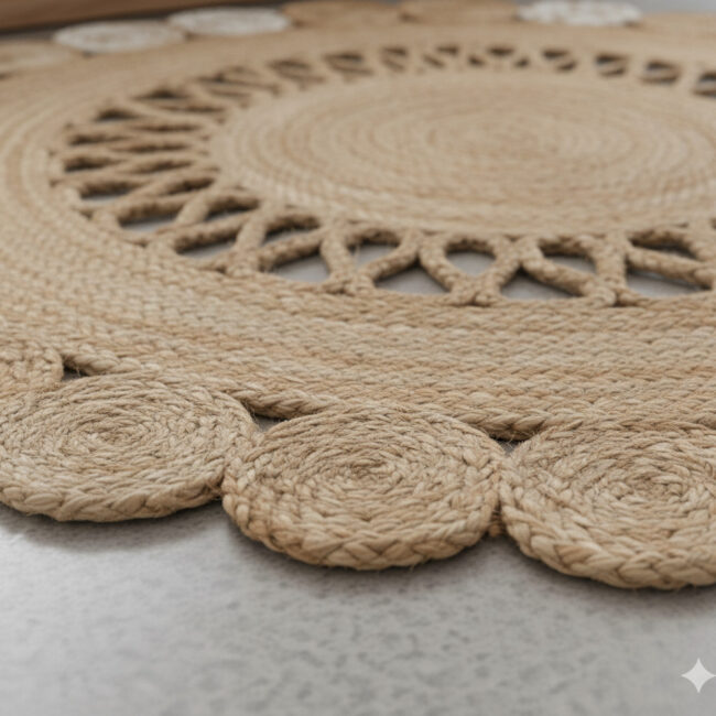 sonia collections Round Natural Jute Rug – Floral Scalloped Charm for Cozy Interiors