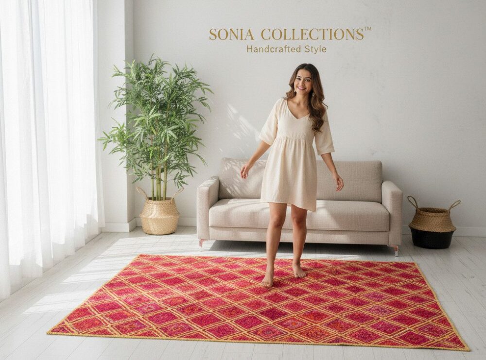Red Diamond Jute Rug – Handwoven Geometric Mat | Sonia Collections™