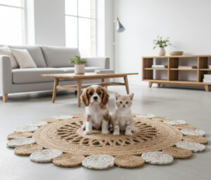 Round Natural Jute Rug – Floral Scalloped Charm for Cozy Interiors