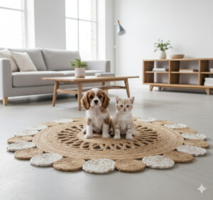 sonia collections tm Round Natural Jute Rug – Floral Scalloped Charm for Cozy Interiors