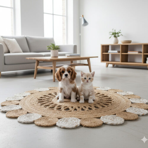 Round Natural Jute Rug – Floral Scalloped Charm for Cozy Interiors
