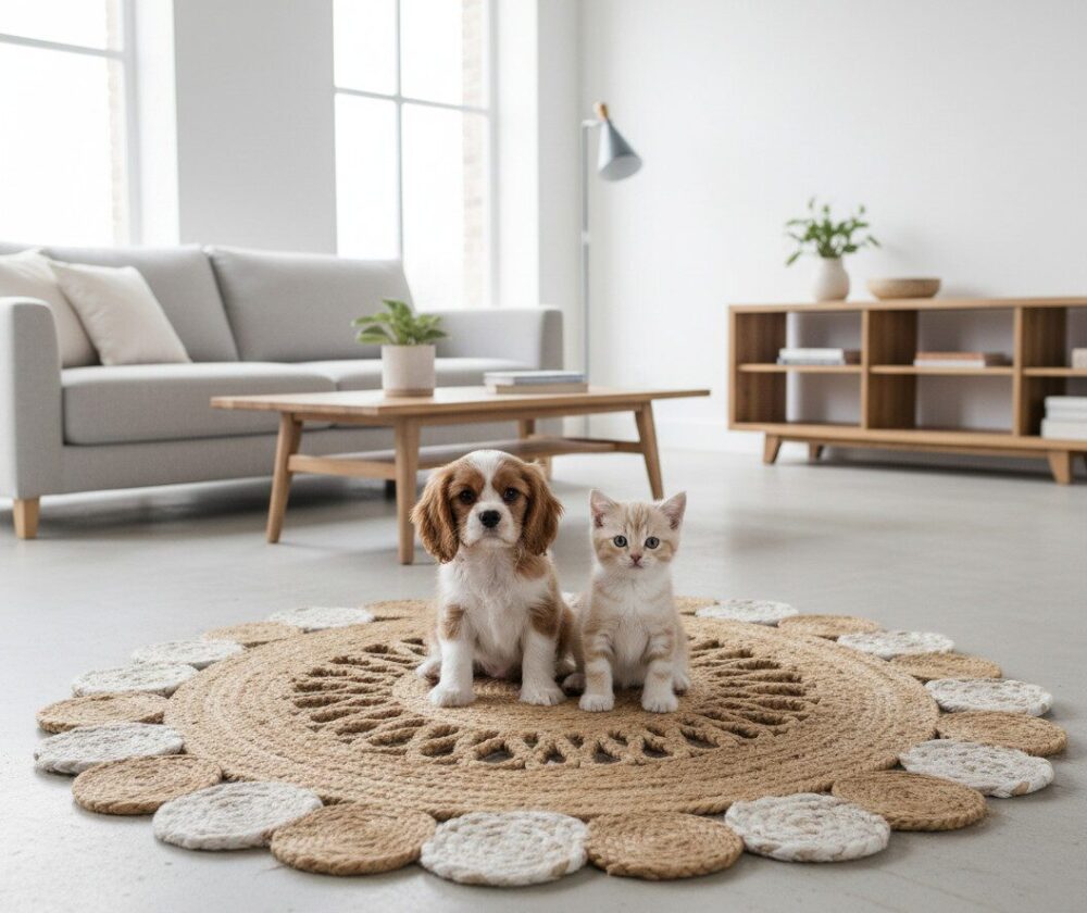 Round Natural Jute Rug – Floral Scalloped Charm for Cozy Interiors