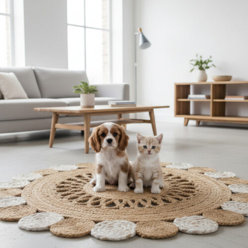 Round Natural Jute Rug – Floral Scalloped Charm for Cozy Interiors