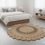 Round Natural Jute Rug – Floral Scalloped Charm for Cozy Interiors