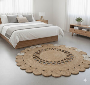 sonia collections1. Round Natural Jute Rug – Floral Scalloped Charm for Cozy Interiors