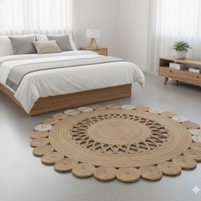 sonia collections1. Round Natural Jute Rug – Floral Scalloped Charm for Cozy Interiors