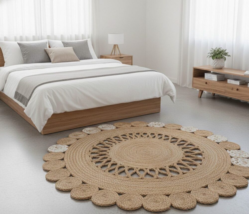 Round Natural Jute Rug – Floral Scalloped Charm for Cozy Interiors