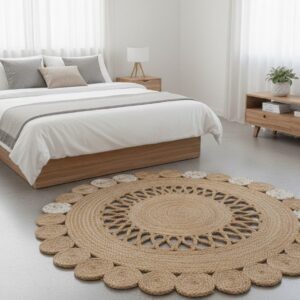 Round Natural Jute Rug – Floral Scalloped Charm for Cozy Interiors