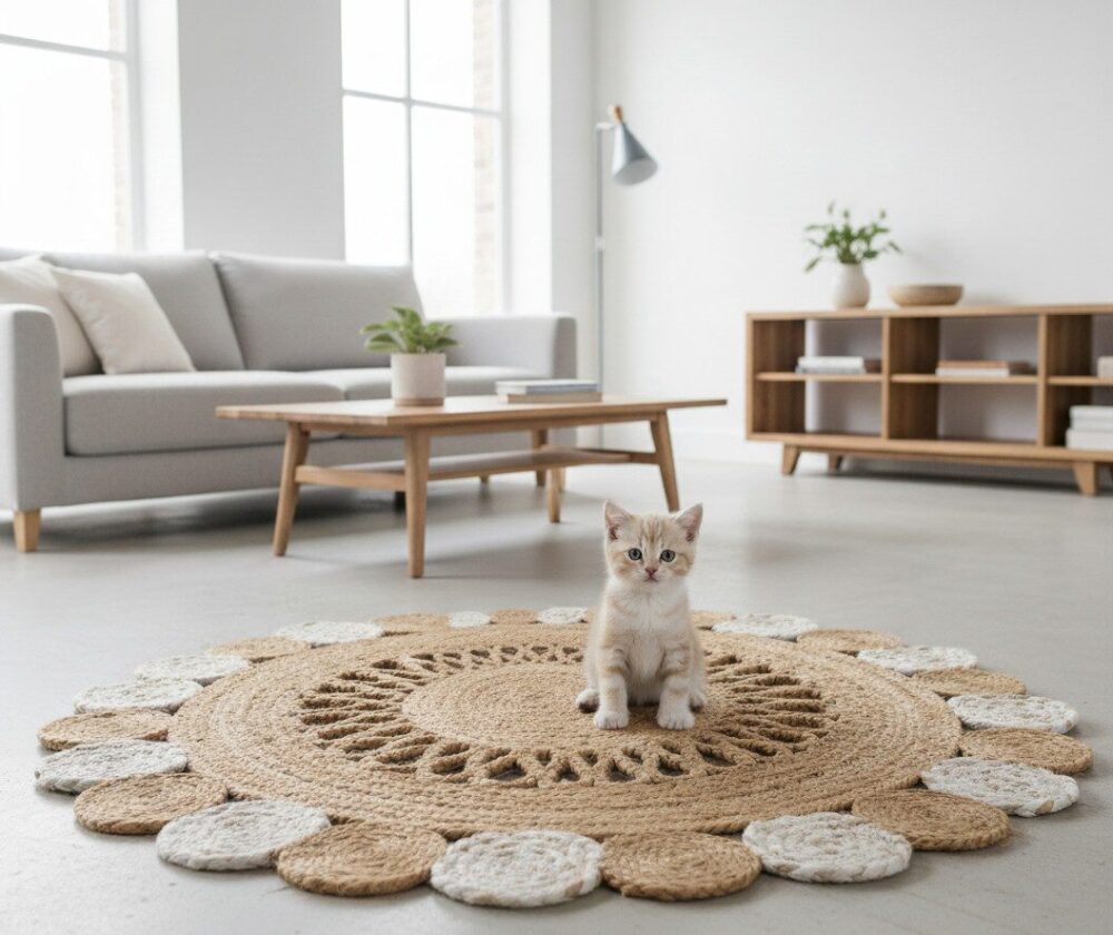 Round Natural Jute Rug – Floral Scalloped Charm for Cozy Interiors