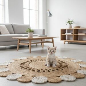 Round Natural Jute Rug – Floral Scalloped Charm for Cozy Interiors