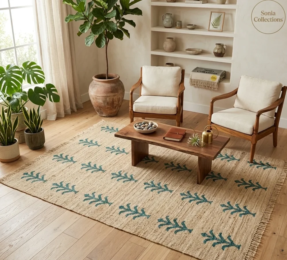 Handcrafted Jute Rug with Leaf Motifs | Sonia Collections™