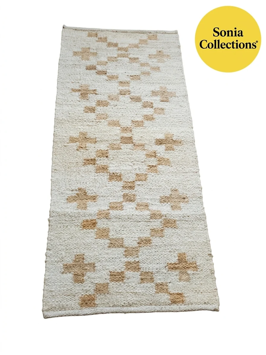 Handloom Jute Cotton Floor Mat – Beige & Cream Geometric | Sonia Collections™