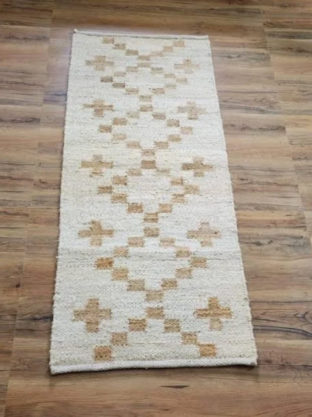 Handloom Jute Cotton Floor Mat – Beige & Cream Geometric | Sonia Collections™
