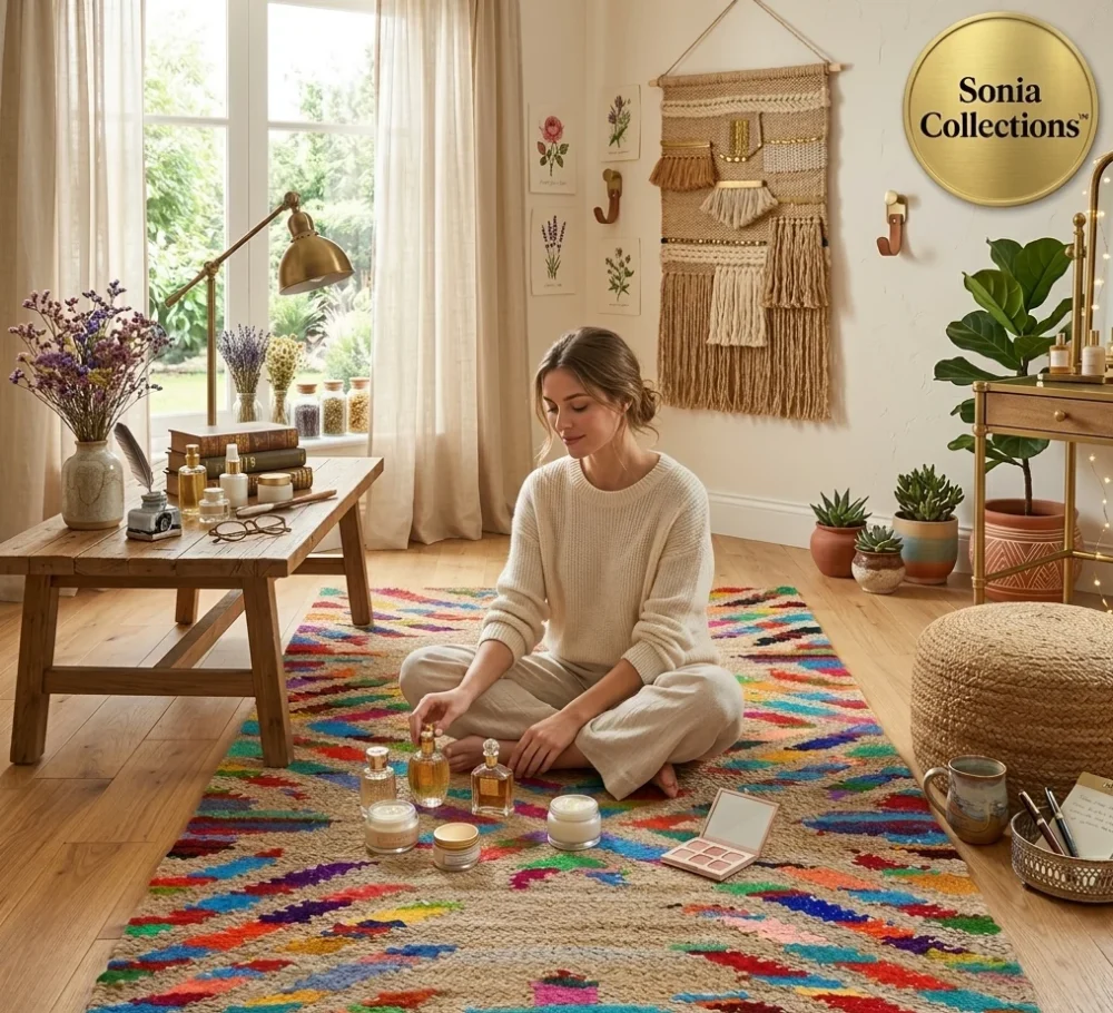 Handloom Jute Cotton Rug – Vibrant Geometric Multicolor | Sonia Collections™