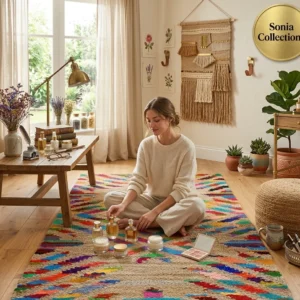 Handloom Jute Cotton Rug – Vibrant Geometric Multicolor | Sonia Collections™