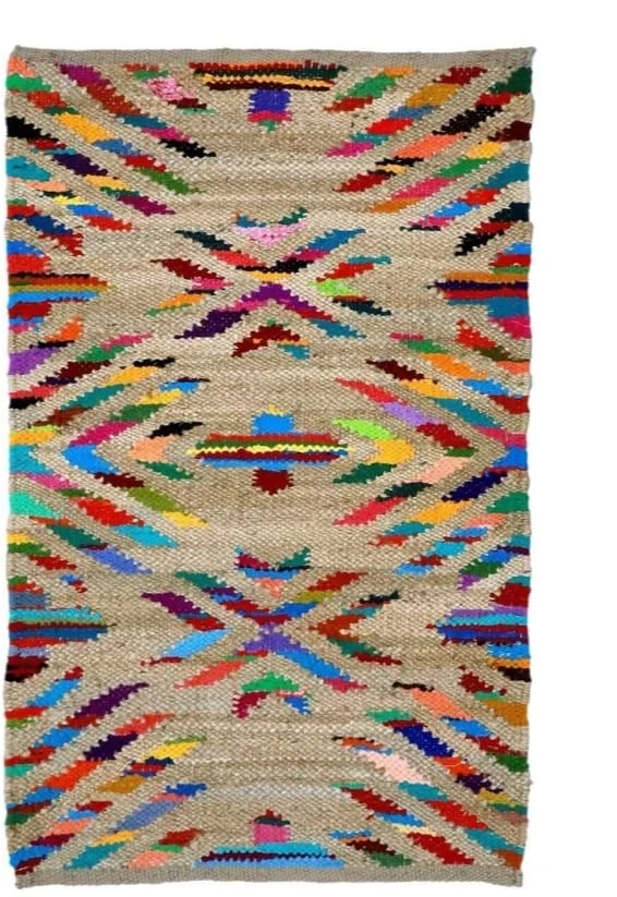 Handloom Jute Cotton Rug – Vibrant Geometric Multicolor | Sonia Collections™